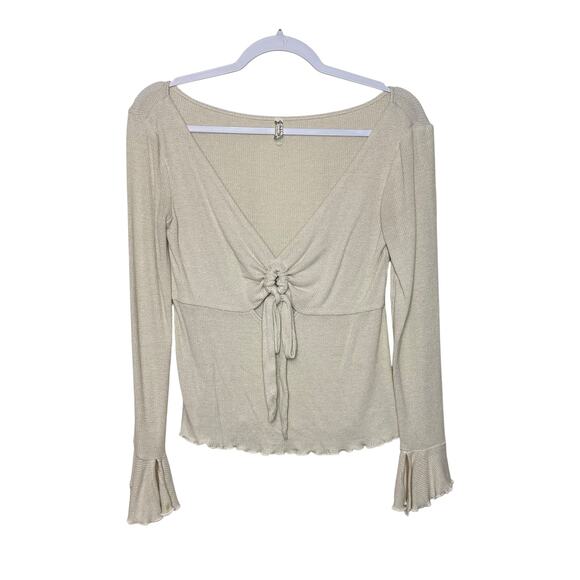 Free People Intimately Waffle Knit Bell Sleeve Blouse Women M Cream Tie Front - Picture 1 of 9